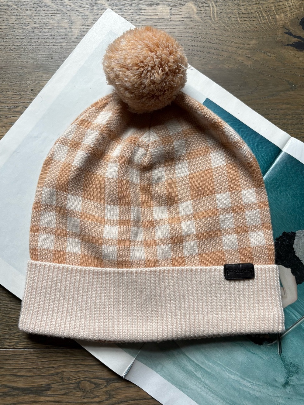 New Coach Plaid Pom Beanie Hat In Caramel OS